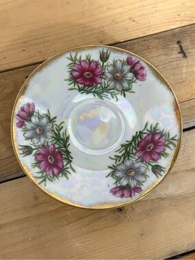 Vintage Ucagco Lusterware Plate Pink Floral Iridescent Porcelain Trinket Dish